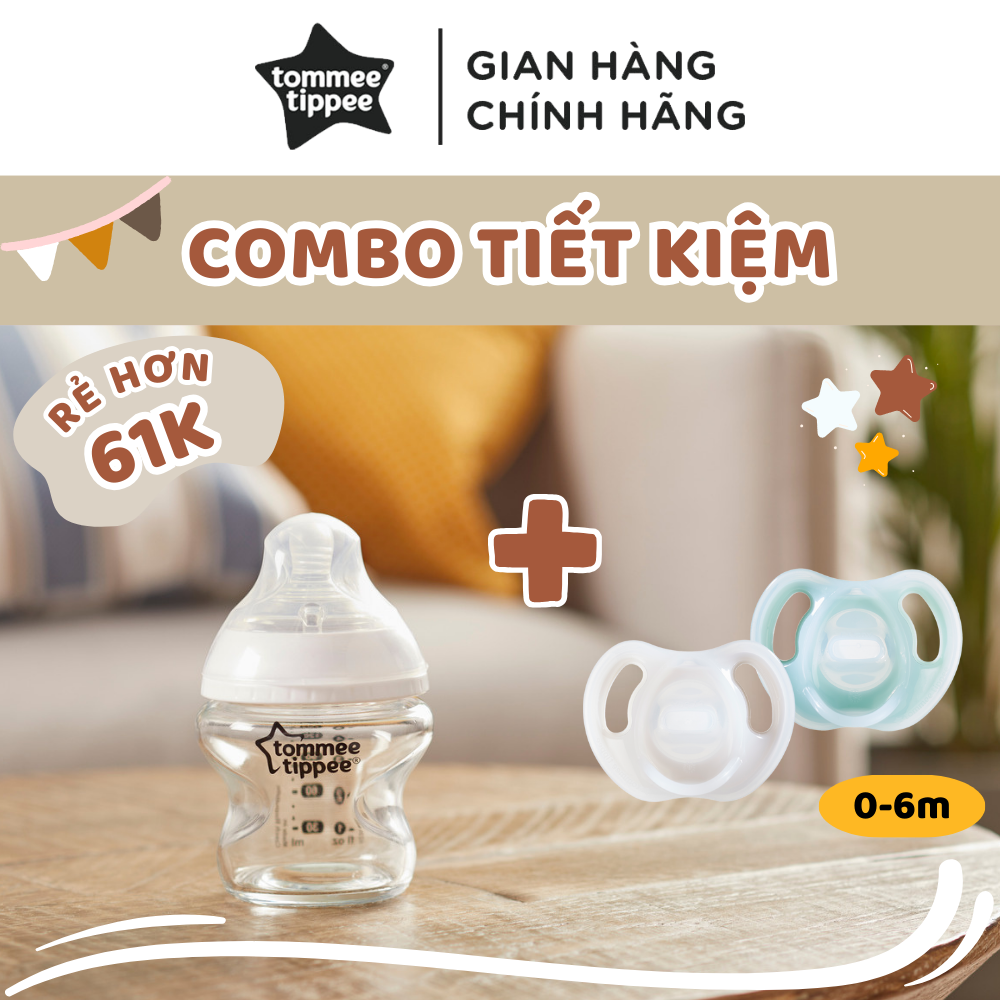 COMBO Ty ngậm silicon siêu nhẹ Tommee Tippee Ultra Light 0-6m & Bình sữa thủy tinh Tommee Tippee Close to Nature 150ml