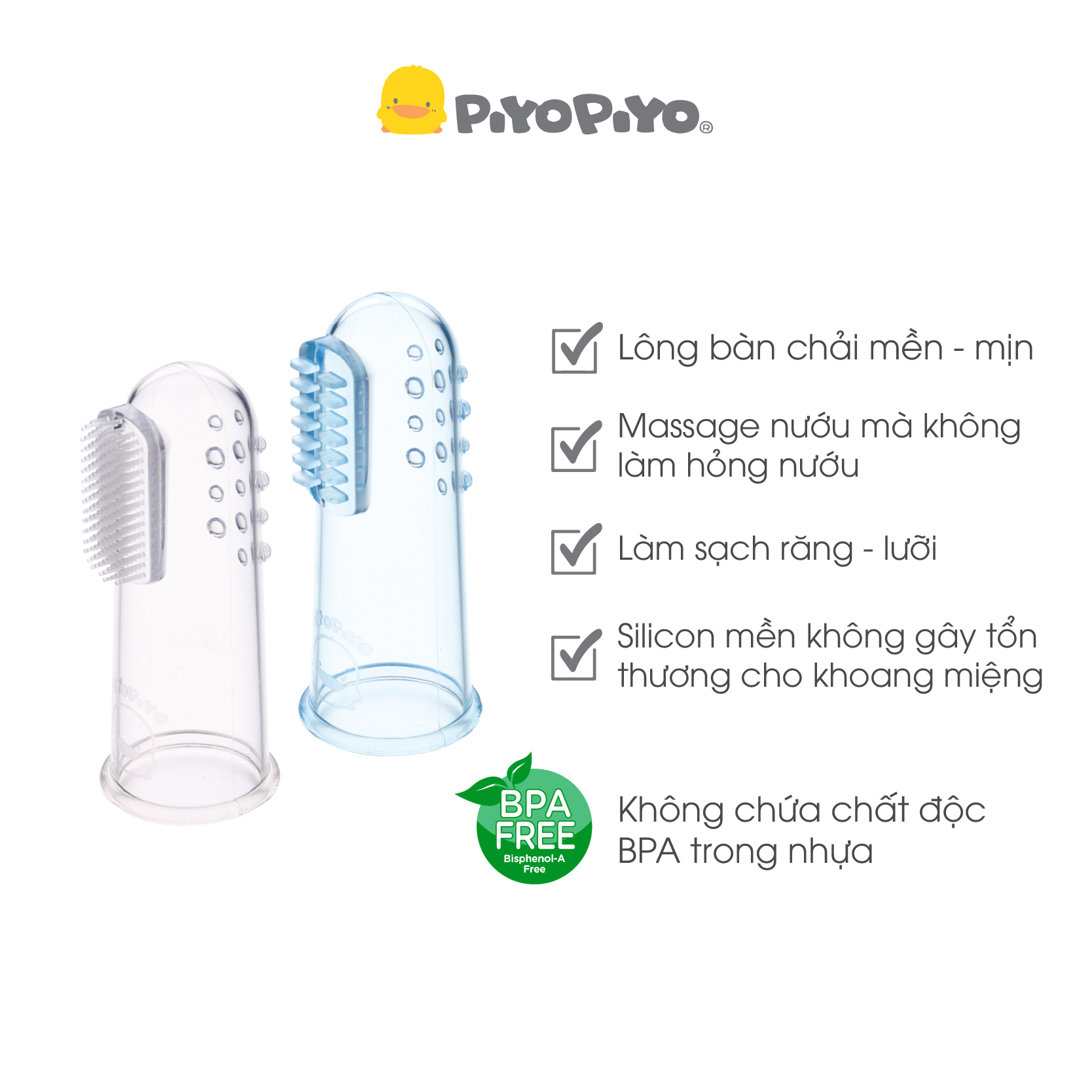 Bộ 2 bàn chải rơ lưỡi silicone cho bé sơ sinh Piyo Piyo màu trắng và xanh dương