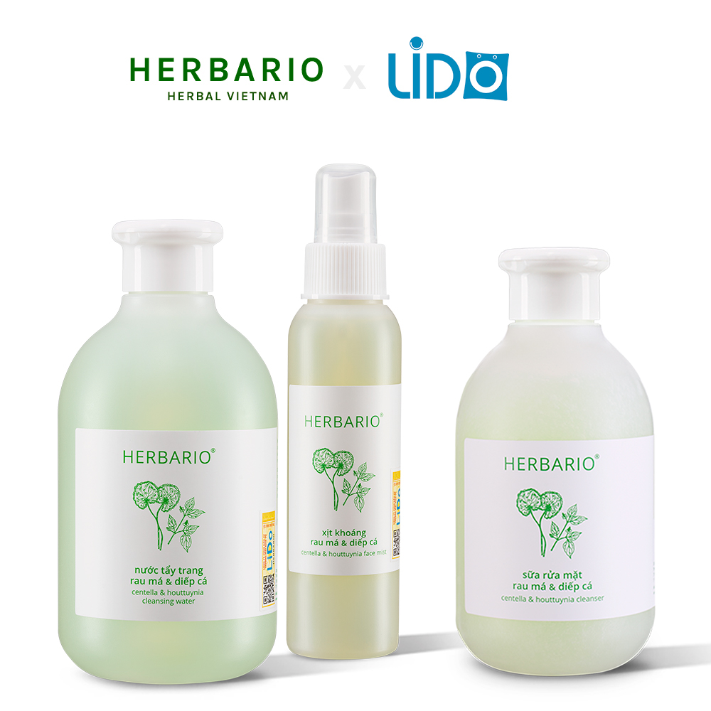 Bộ 3 rau má & diếp cá Herbario da mụn Thuần Chay: Nước tẩy trang 300ml + Sữa rửa măt 200ml + Xịt khoáng 100ml