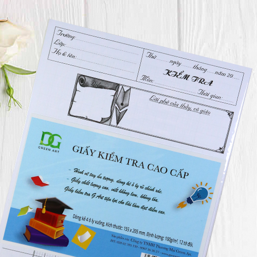 Giấy kiểm tra 4 ô ly - giấy trắng dày viết êm không lem, kẻ sẵn tiện lợi cho học sinh, 12 tờ đôi, Green Art