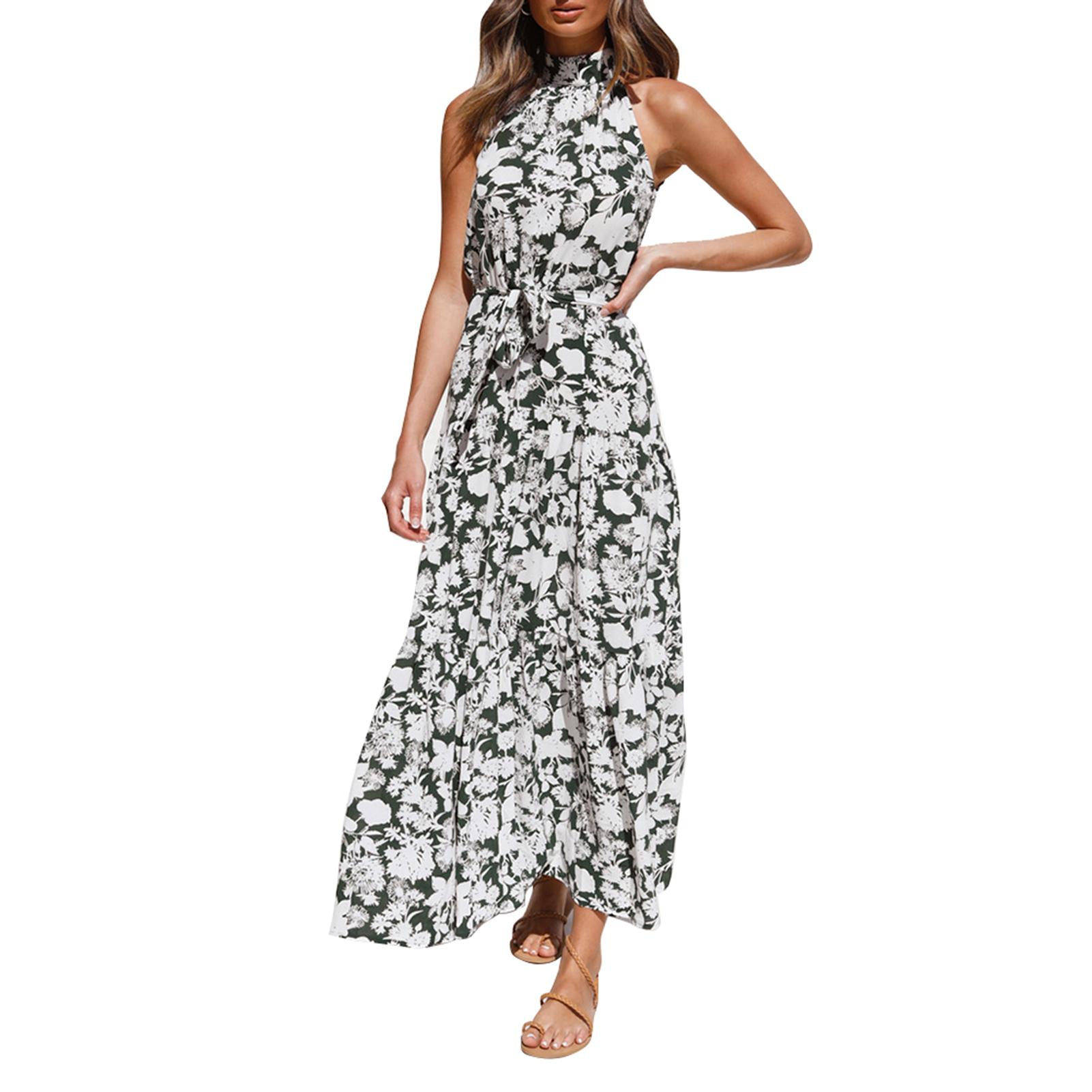 Women Sleeveless Dress Halter Neck Ruffle Hem Long Dress Empire Waist Bow Polka Dots Floral Elegant Casual A-Shaped