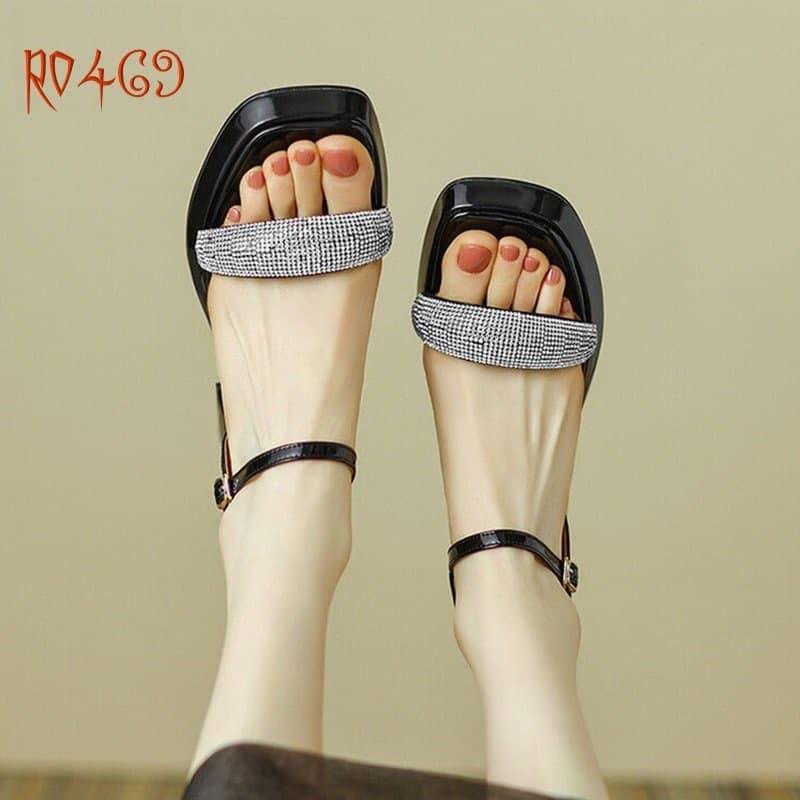 Sandal cao gót quai ngang đính hạt ROSATA RO469 cao 8p- Trắng, Đen - HÀNG VIỆT NAM - BKSTORE