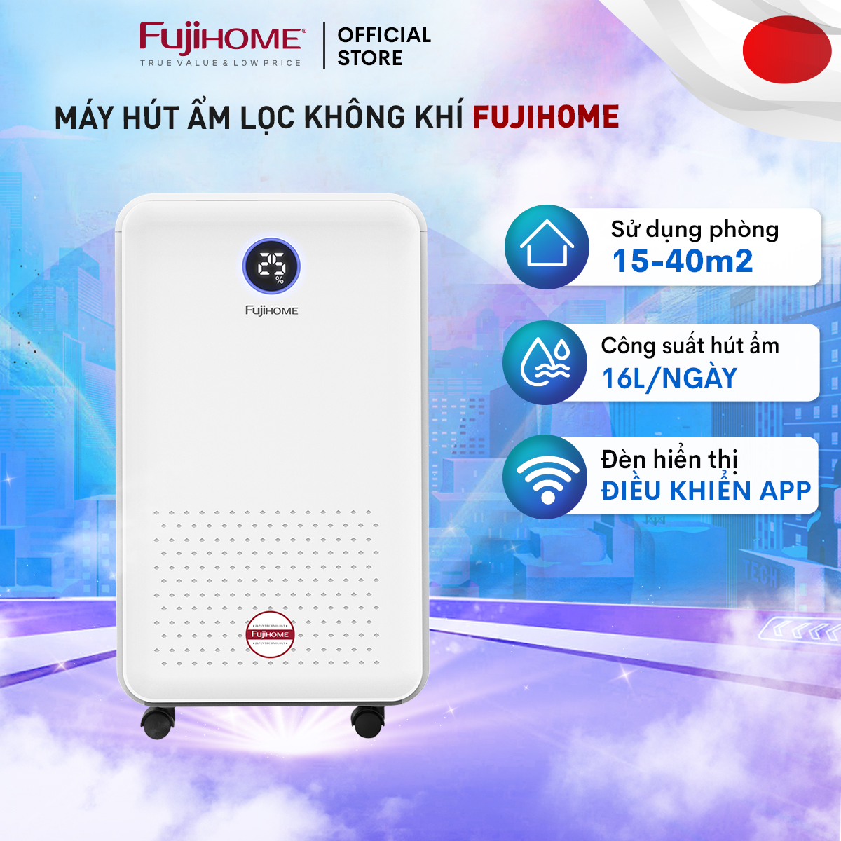 Máy hút ẩm lọc không khí 15m2-40m2 Fujihome DH16W, 16 Lít/ ngày, kết nối Wifi điều khiển qua App, đèn cảm biến báo chất lượng độ ẩm- Hàng chính hãng