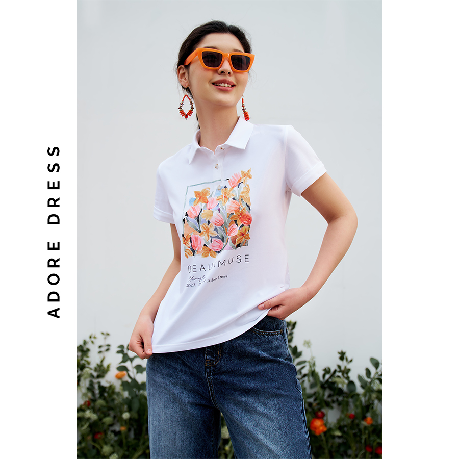 Áo phông Polo T-shirts cotton trắng in summer flowers 313TS1014  ADORE DRESS