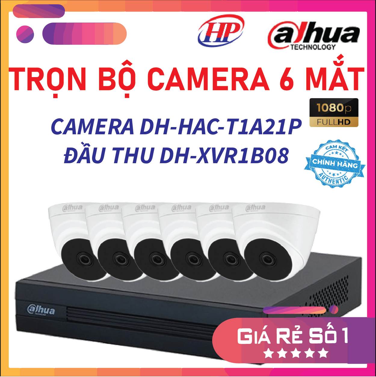 Trọn bộ 6 camera DH-HAC-T1A21P Đầu thu 8 cổng XVR1B08 đầy đủ phụ kiện, Hàng chính hãng