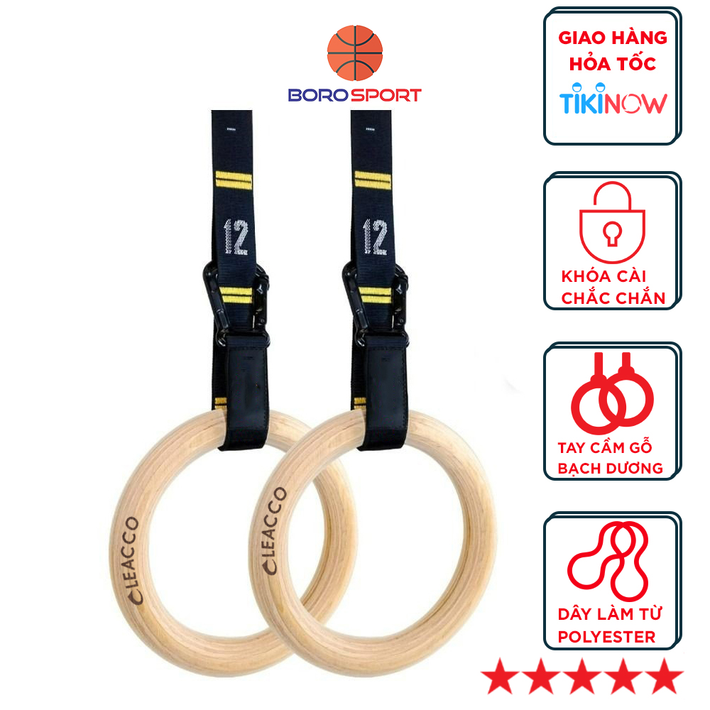 Vòng treo gỗ Gymnastic Rings Cleacco có vạch kẻ số , khóa cài thông minh tiện lợi , chắc chắn treo xà đơn , các bài tập dip rings , street workout , bảo hành 12 tháng - BORO SPORT