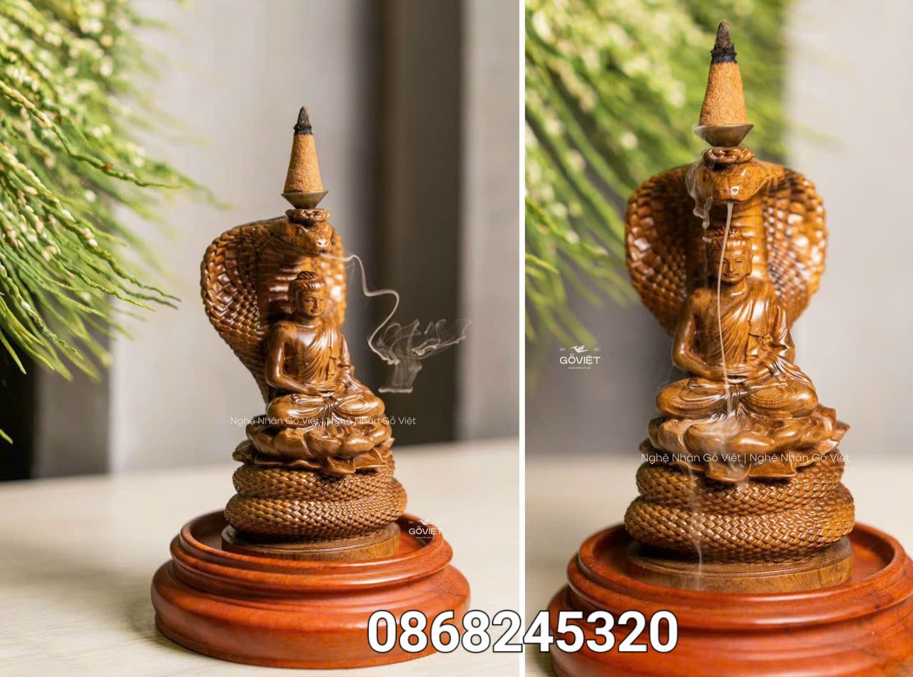 Combo Tượng thần rắn bảo vệ đức phật xông trầm bằng gỗ bách xanh thơm nức  kt cao 20×11×10cm chưa tính đế gỗ hương