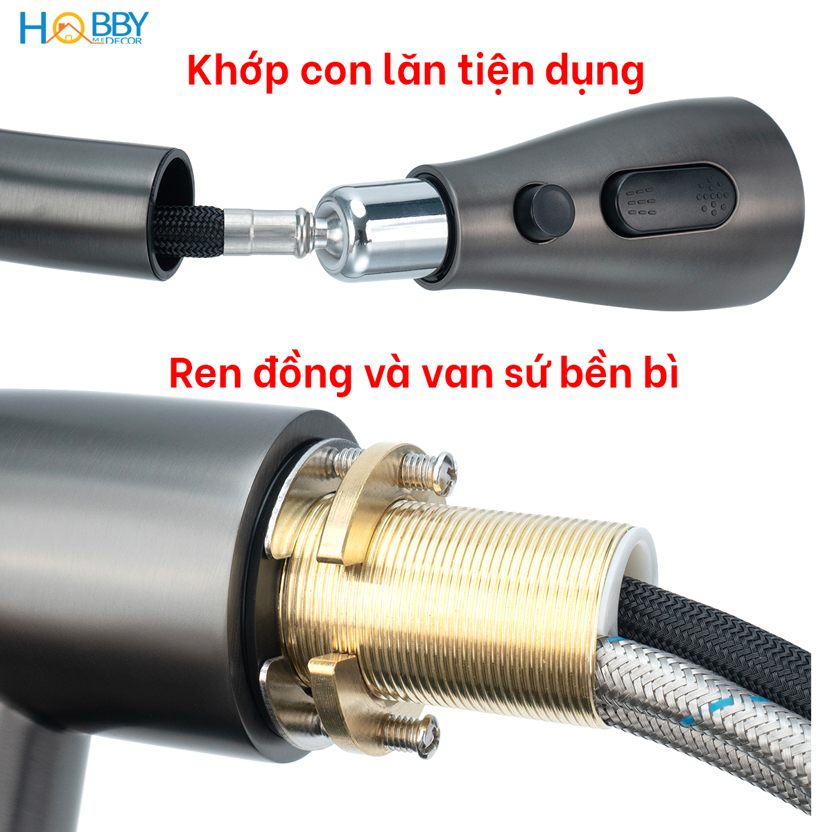 Vòi rửa chén nóng lạnh dây rút 3 chế độ Hobby home decor VDR7 Inox 304 sơn xám