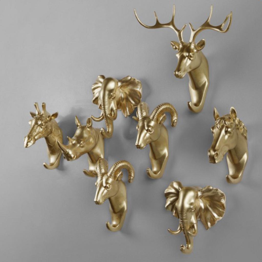 6Pcs Resin Animal Head Hook Key Hanger Rack Wall Mount Home Decor Gold