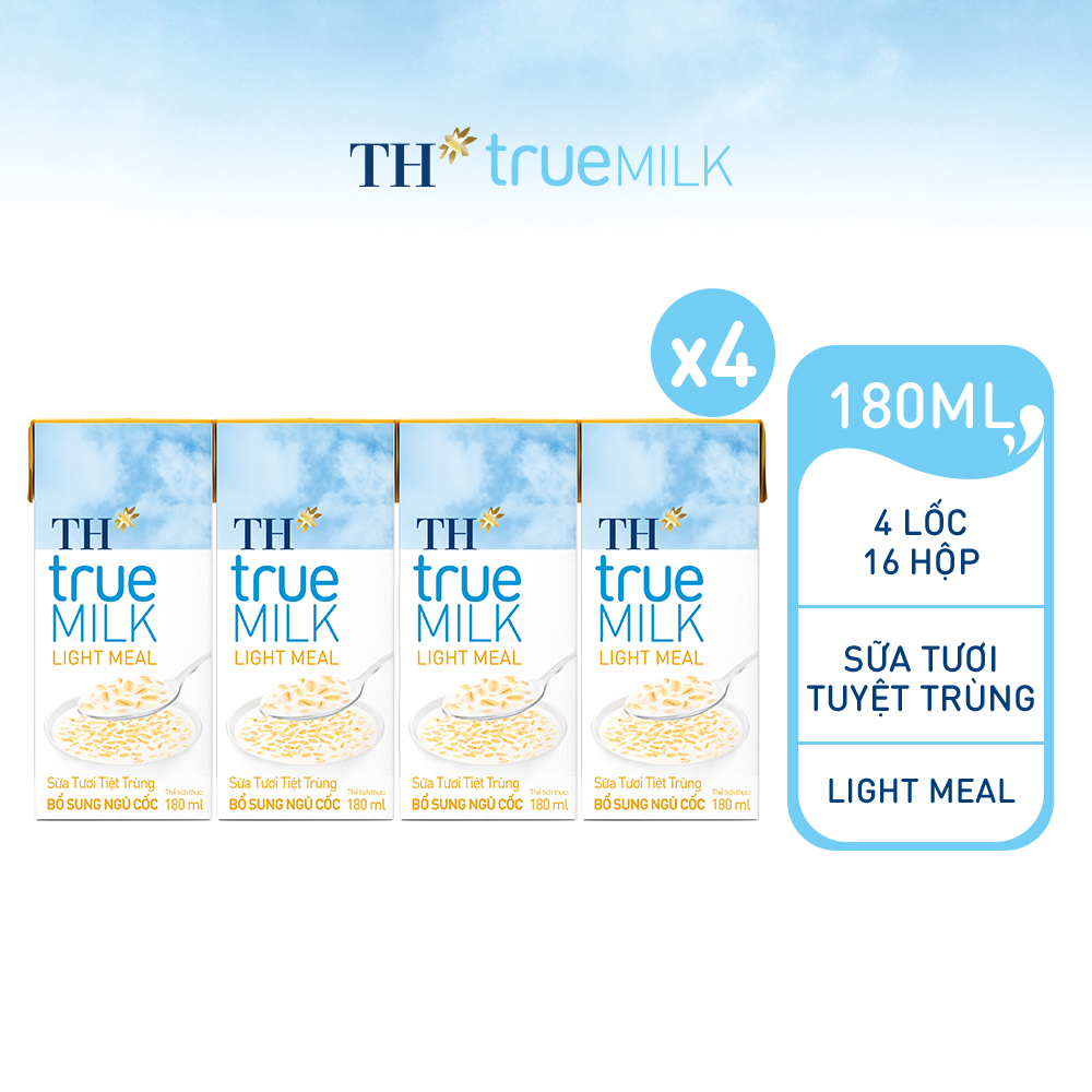 4 Lốc sữa tươi tiệt trùng TH True Milk Light Meal bổ sung ngũ cốc 180ml (180ml x 4 hộp)
