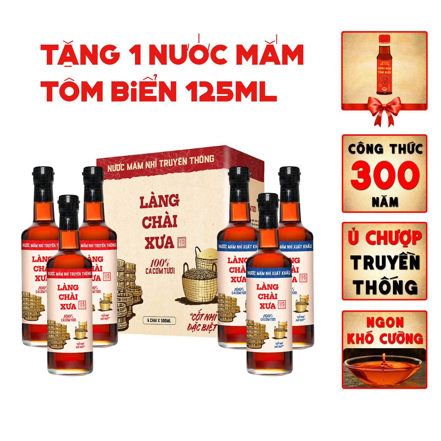 Thùng 6 chai kết hợp NƯỚC MẮM NHỈ LÀNG CHÀI XƯA TRUYỀN THỐNG (3 chai đỏ + 3 chai xanh) 500ml/chai