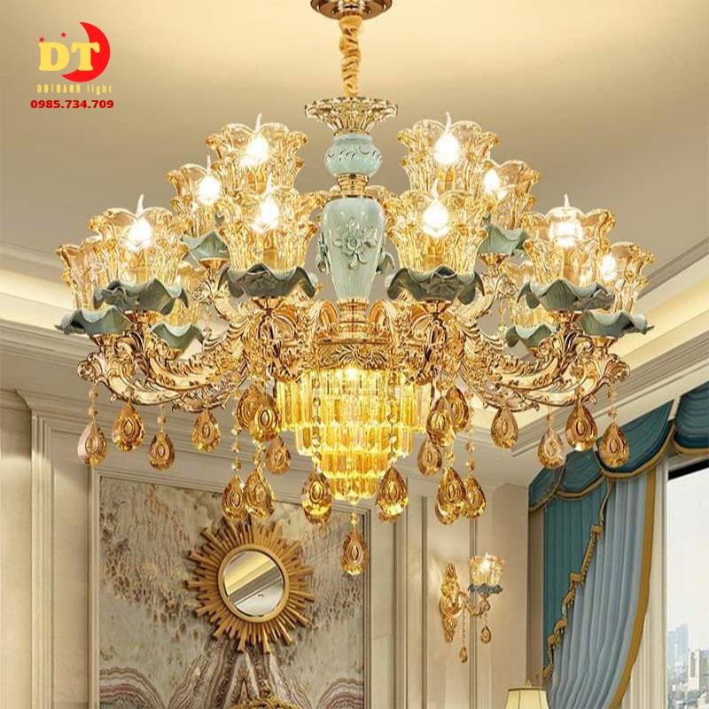 Đèn chùm nến đế tay xanh phòng khách 15 tay phong cách tân cổ điển hiện đại DCN