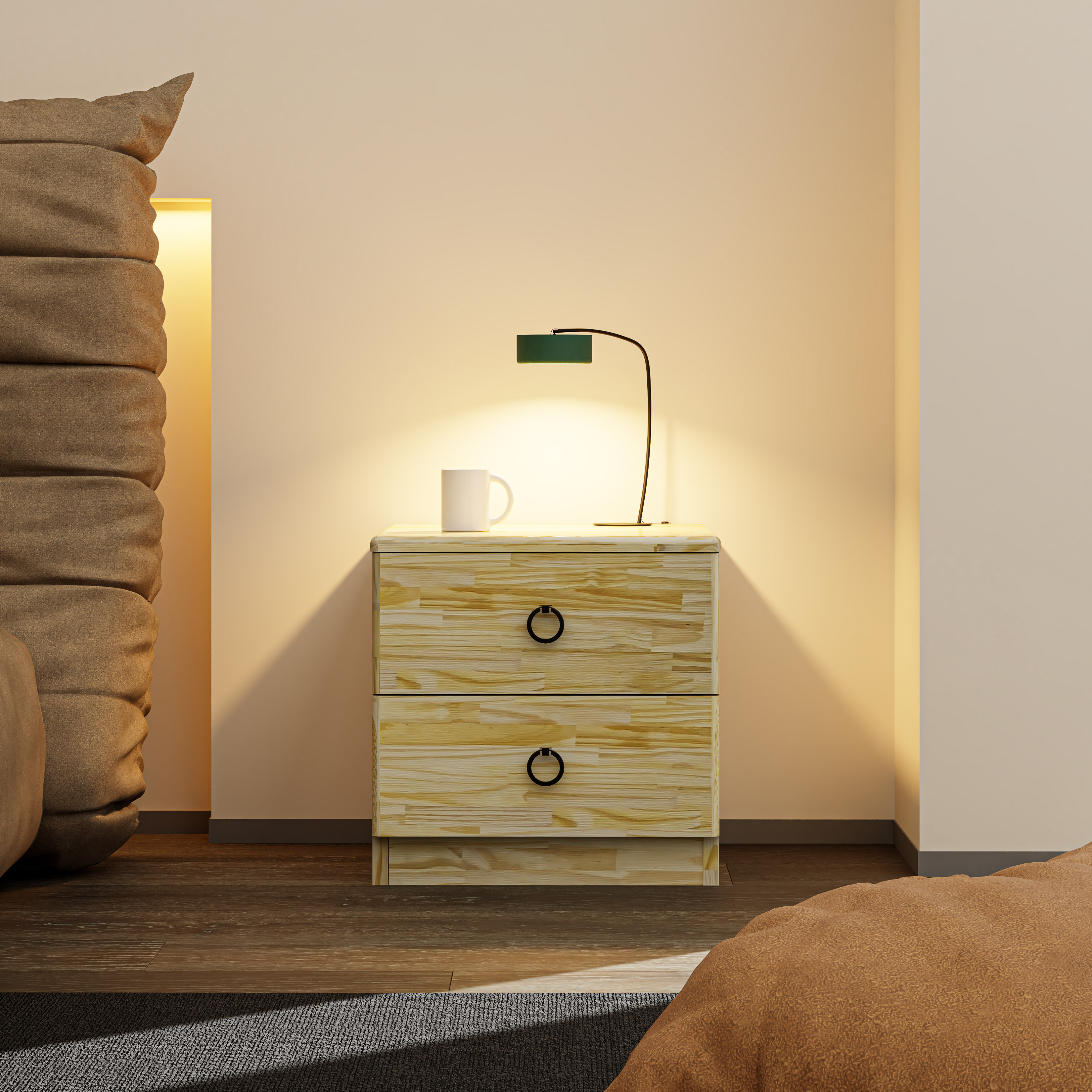 HAPPY FURNITURE , gỗ tự nhiên , Táp đầu giường 2 ngăn kéo - YANNA , THK_184 , 40cm x 40cm x 40cm