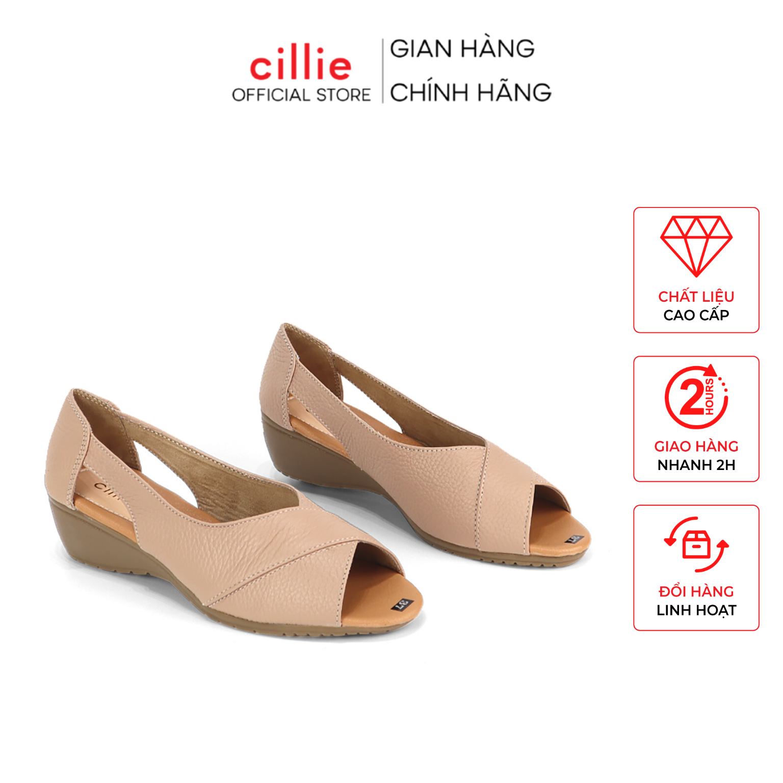 Giày đế xuồng Cillie da thật hở mũi cao 5cm 1192