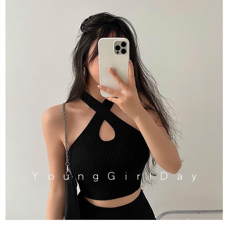 MS216 Áo len tăm croptop cổ yếm