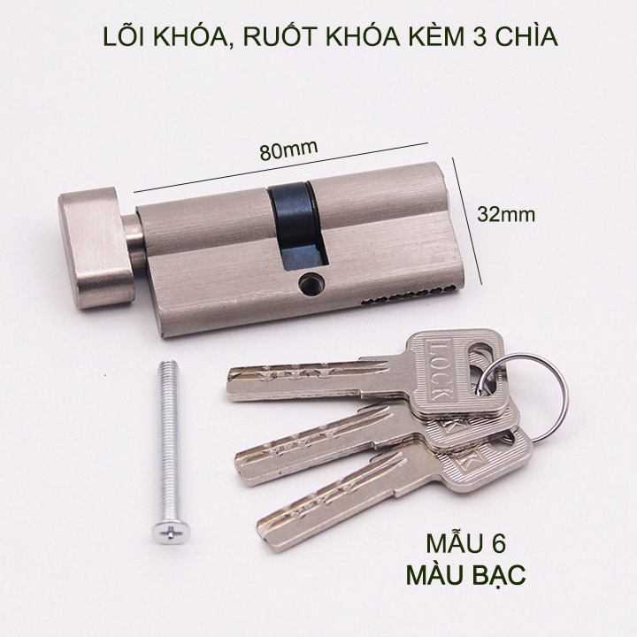 Lõi khóa cửa tay gạt dài 80mm, khóa 1 bên, vặn 1 bên kèm 3 chìa-Mẫu 6