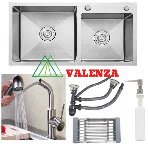 Combo chậu rửa chén bát inox Valenza 7843 hai hố lệch, vòi rửa bát đầu rút 02, bộ xả chậu, rá inox đa năng, bình xà phòng