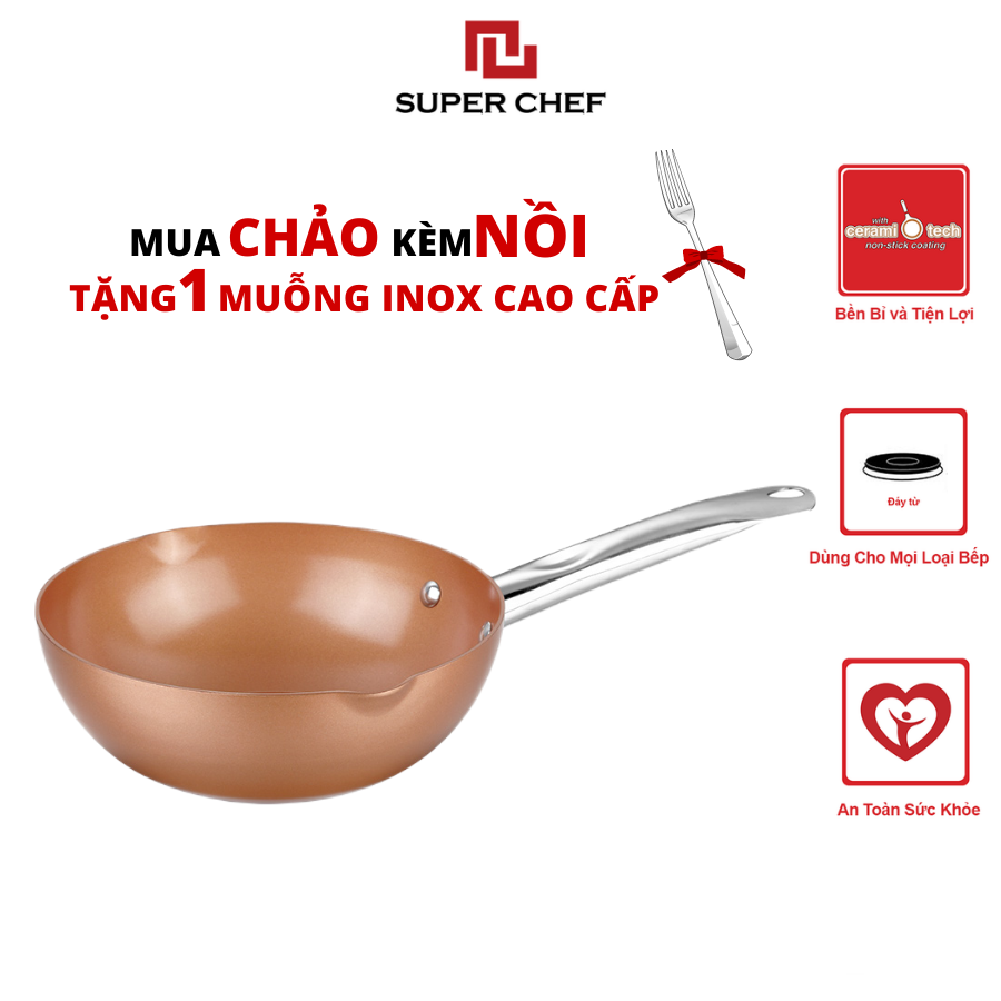 Chảo Chống Dính Ceramic Sâu Lòng 2 Miệng Rót Super Chef Đảm Bảo Sức Khỏe, Siêu Bề Bỉ Không Bong Tróc, Siêu Tiện Lợi ( size 20-24cm)
