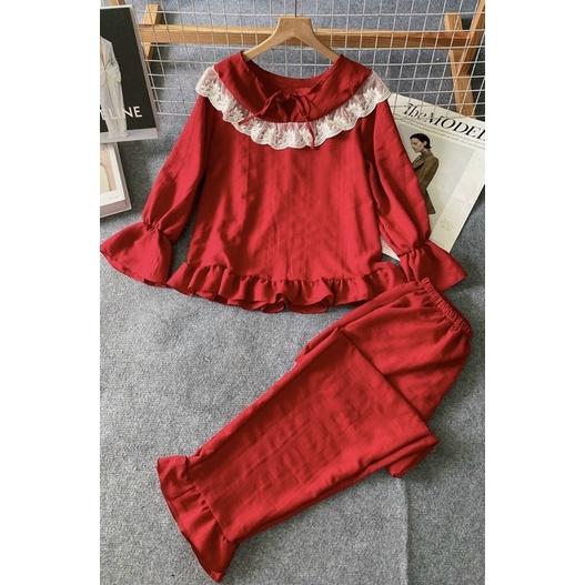Đồ bộ nữ mặc nhà đi dạo mẹ bầu tay dài quần dài phối bèo siêu dễ thương