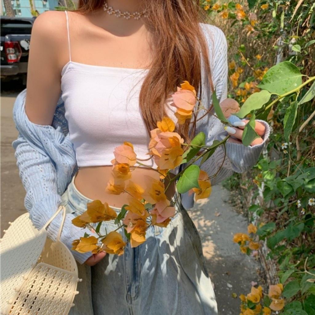 Áo crop top 2 dây bún basic chất bozip 2 màu đen trắng dễ mặc tôn dáng