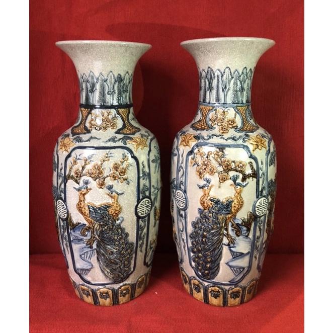 Set 2 lọ Lộc bình men rạn cổ, họa tiết đắp nổi thủ công” Rồng- Sen- Công đào”. Gốm sứ Bát Tràng cao cấp.