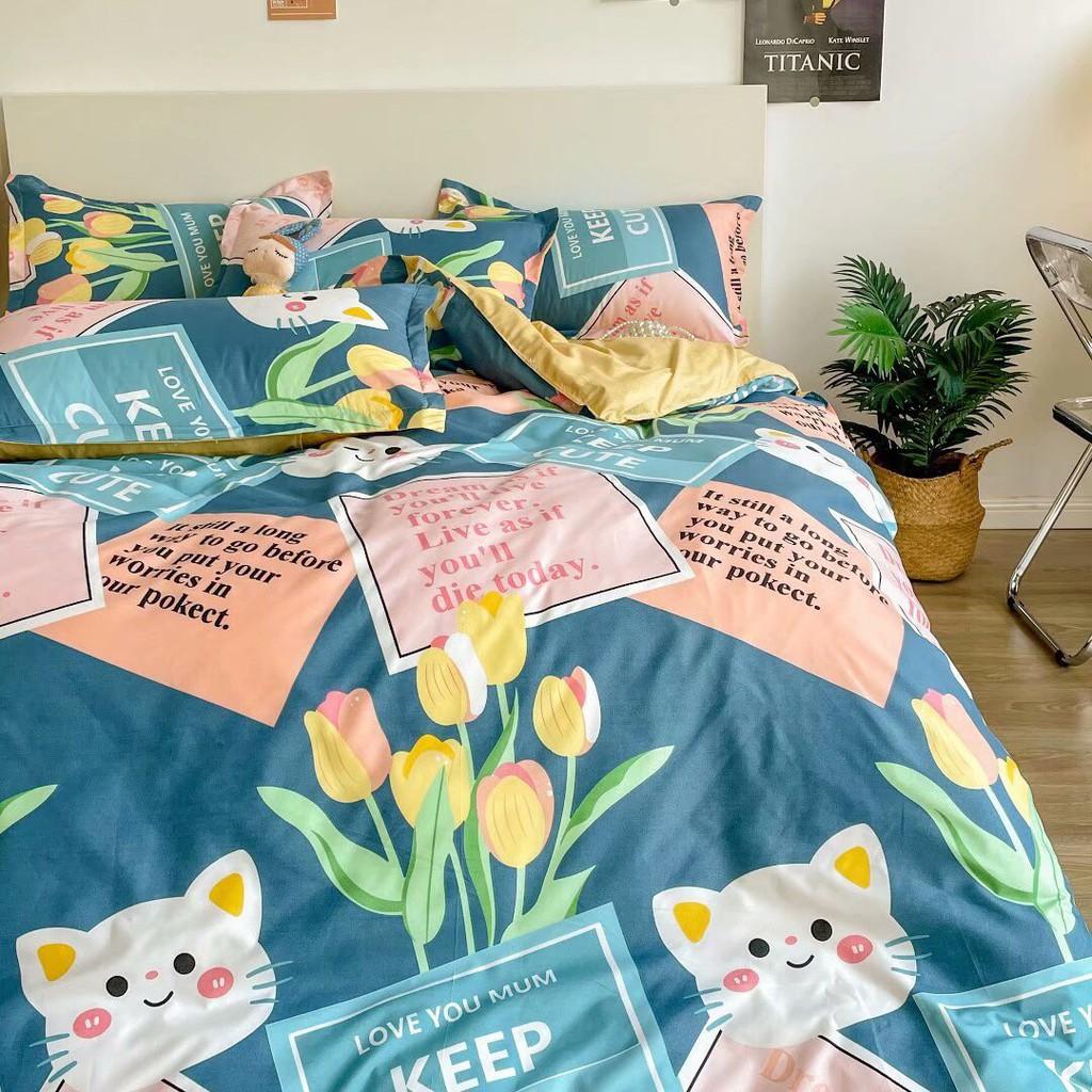 Bộ chăn ga gối Cotton Poly Minh Nhật Mèo hoa, vỏ chăn mền, drap giường và 2 vỏ gối