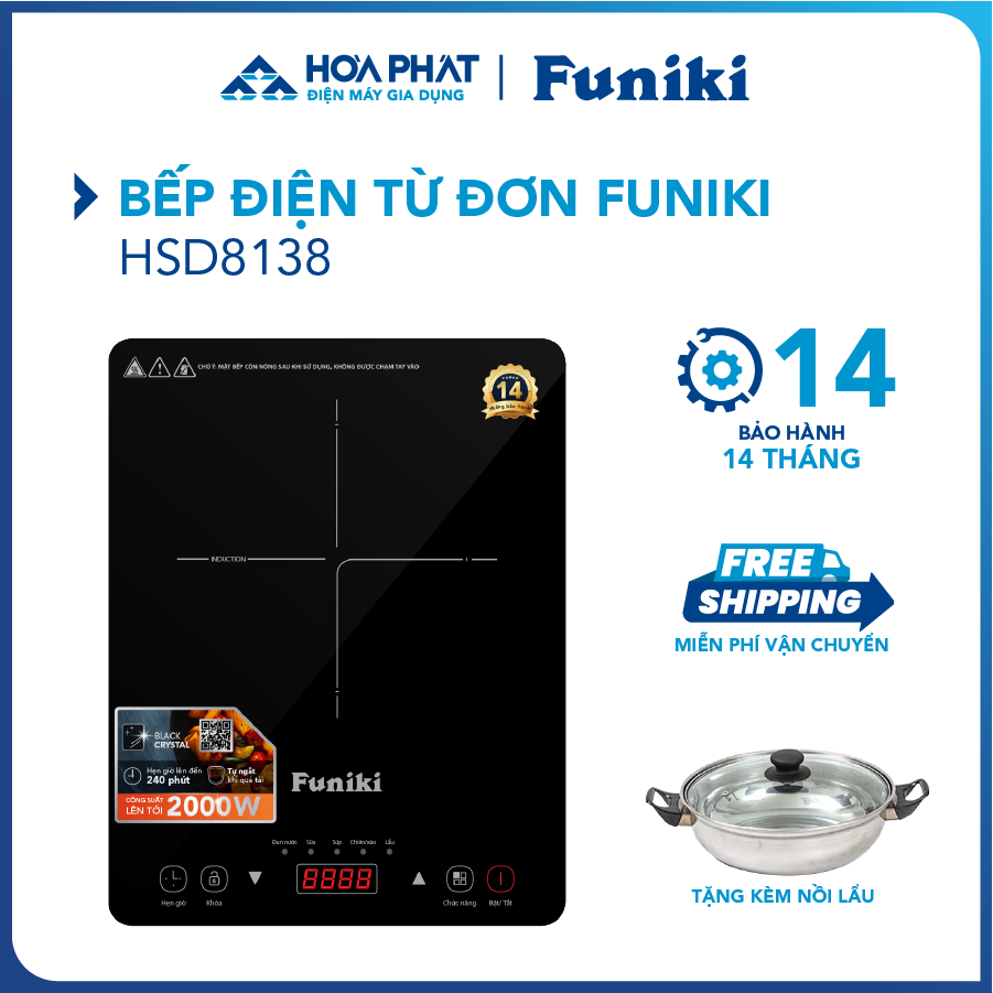 Bếp từ đơn Funiki HSD8138 - Công suất 2000W - Tặng kèm nồi - Bảo hành 14 tháng - Hàng chính hãng