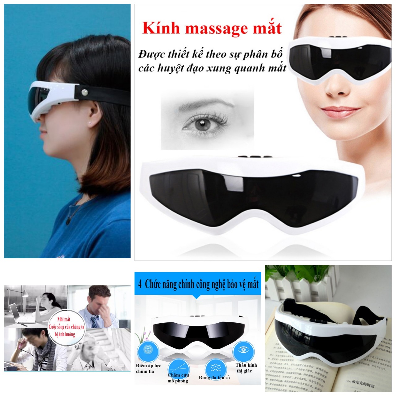 Kính massage mắt 9 chế độ rung giúp thư giãn giảm căng thẳng cải thiện giấc ngủ chống khô, mỏi, quầng thâm và bọng mắt