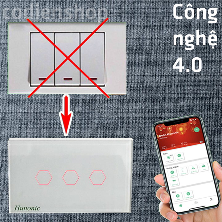 Công tắc cảm ứng bằng điện thoại HUNONIC 3 Nút màu trắng + HẸN GIỜ THÔNG MINH | Công nghệ 4.0