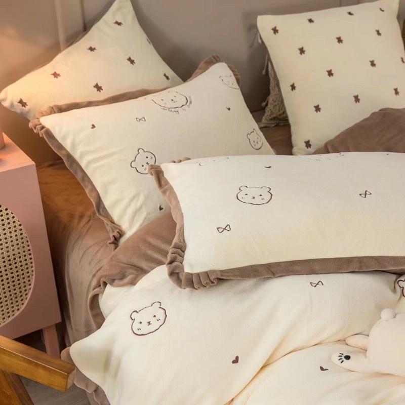Bộ Chăn Ga Gối Nỉ Nhung Mịn Hàng Nhập Khẩu Cao Cấp 4 Món Gấu Teddy