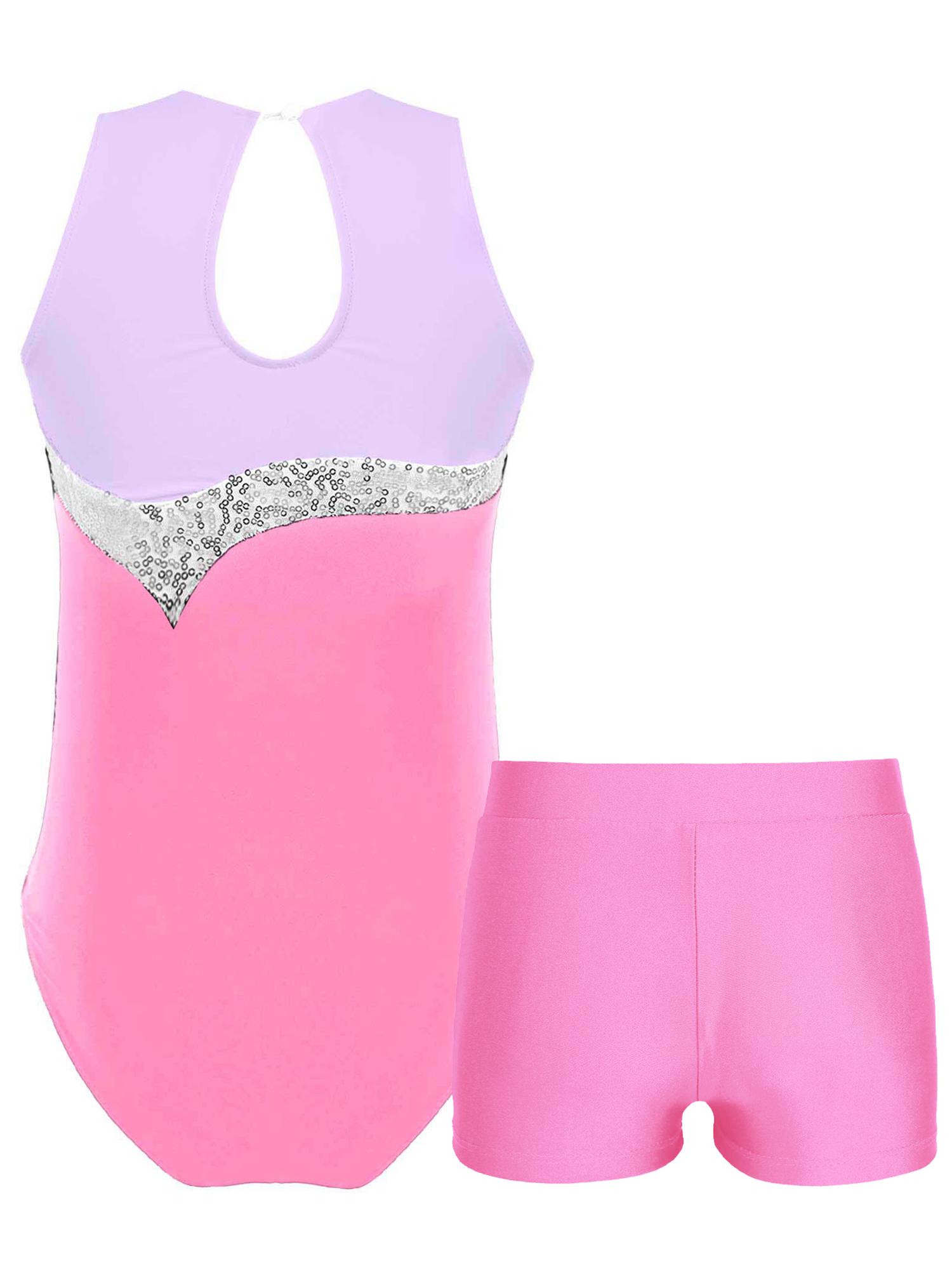 Trẻ em nữ không tay sáng bóng sequins thể dục dụng cụ thể dục dụng cụ với v-front eo quần short nhảy thể thao trang phục múa ba lê Color: Pink Size: 12