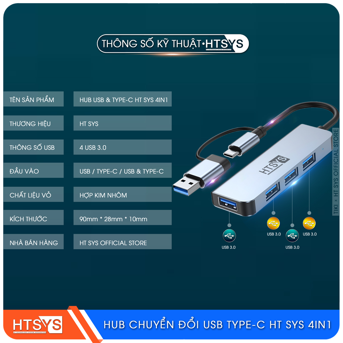 Hub Chuyển Đổi USB Type C HT SYS 4 in 1 To USB 3.0 - Hàng Chính Hãng
