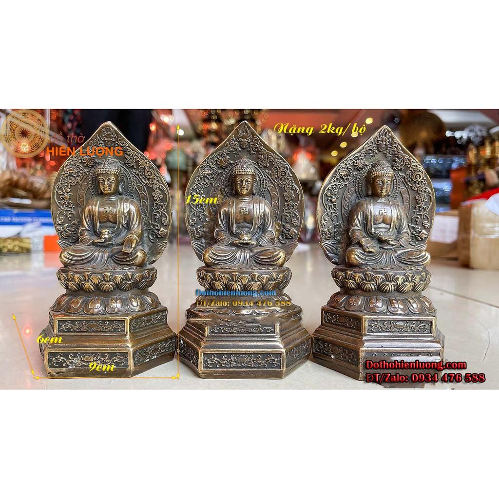 Bộ Tượng Đồng Tam Thế Phật, Tam Thánh Ngồi Bằng Đồng Màu Giả Cổ