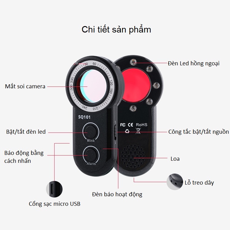 Thiết bị phát hiện camera quay lén tích hợp chức năng báo động chống trộm hoặc SOS đa năng cao cấp S101 ( Tặng kèm 03 nút kẹp cao su giữ dây điện cố định ngẫu nhiên )