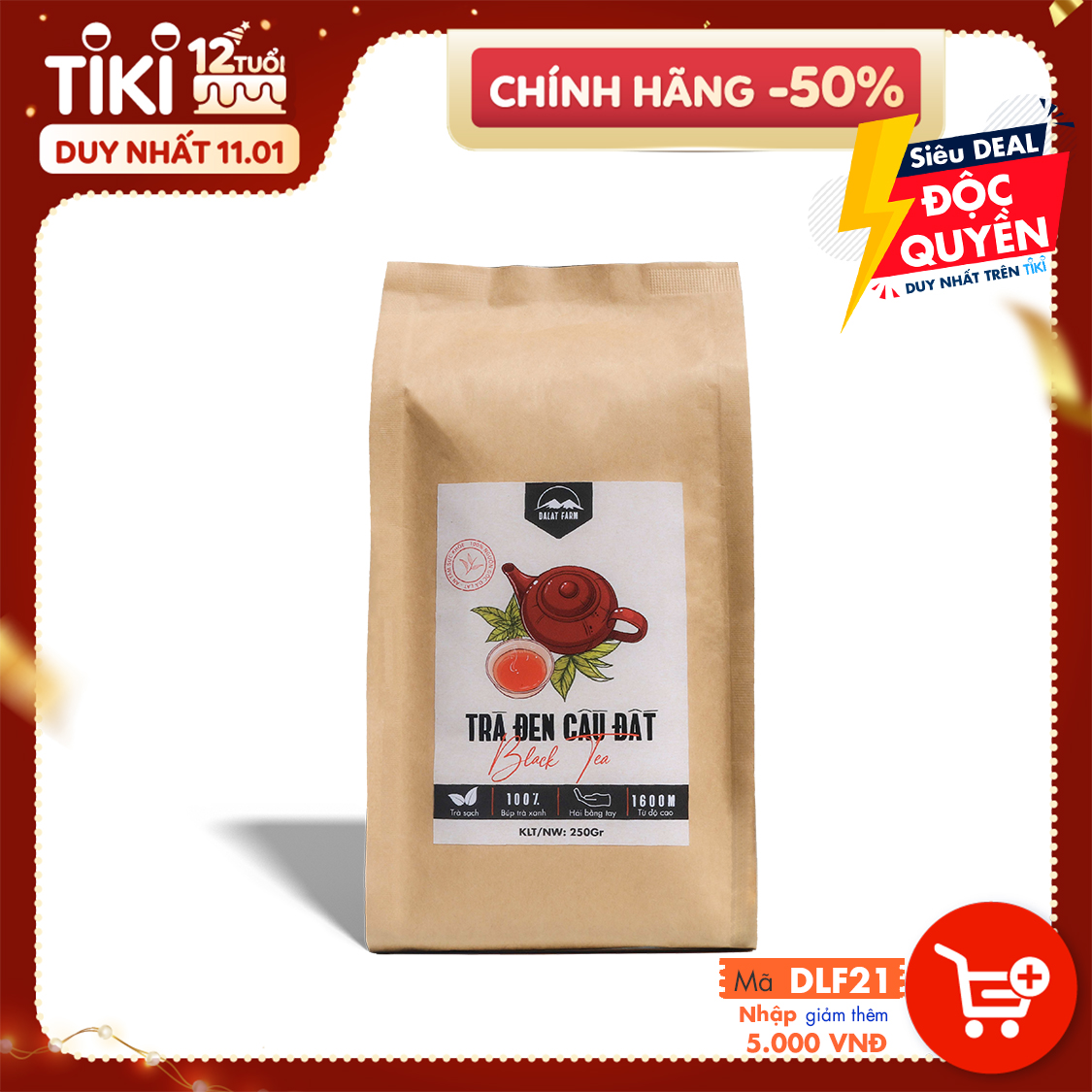 Trà Đen Cầu Đất DalatFarm - Túi 250Gr (Hồng Trà - Black Tea nguyên liệu pha chế trà sữa trà đào)