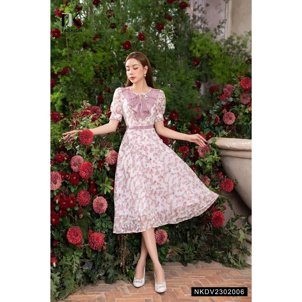Đầm Hoa NK FASHION Thiết Kế Đai Bọc Cổ Phối Bèo Điệu Đà Thanh Lịch Chất Vải Nhập Hàn Cao Cấp NKDV2302006