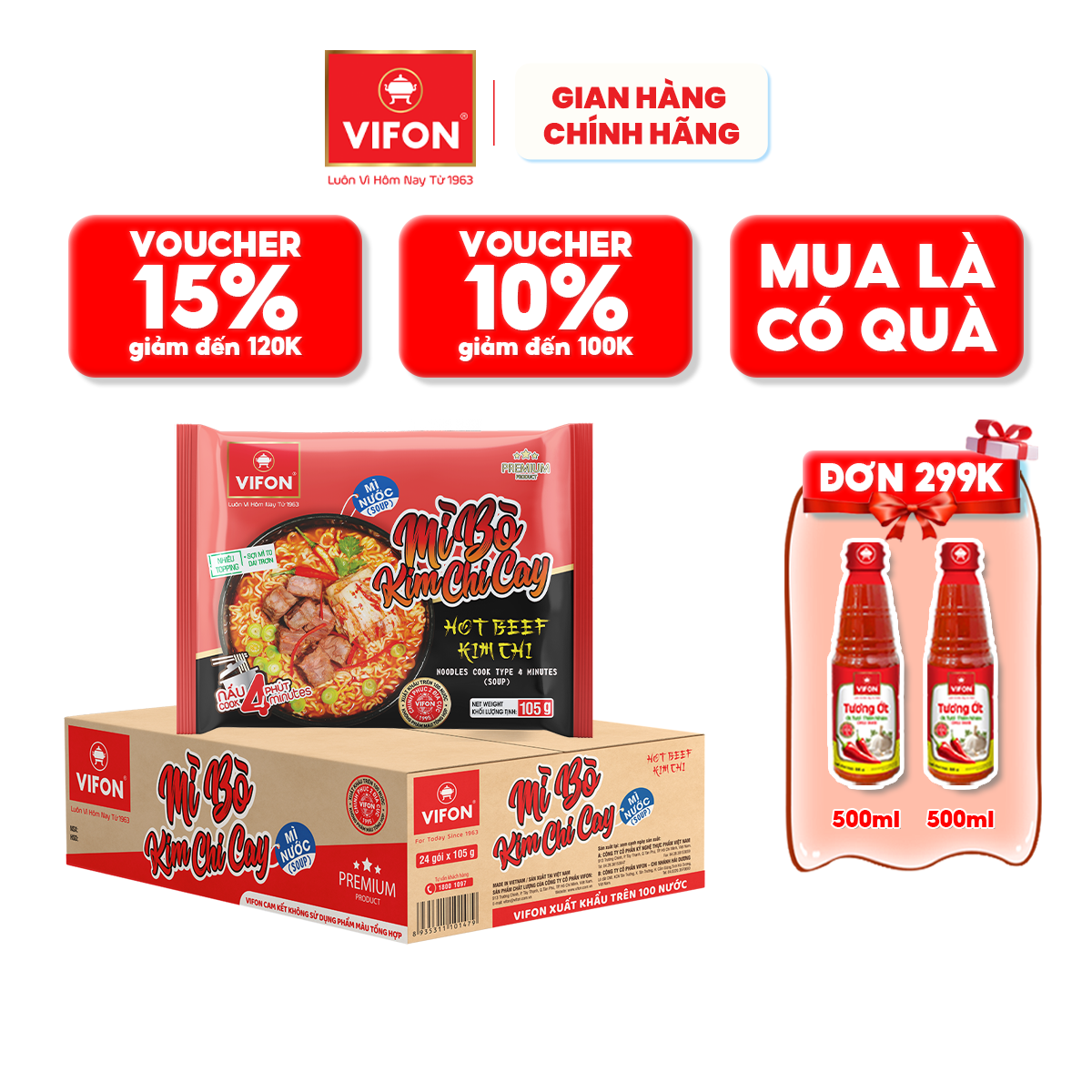 Thùng 24 Gói Mì Bò Kim Chi Cay Vifon 105G Gói - Thùng 24 Gói