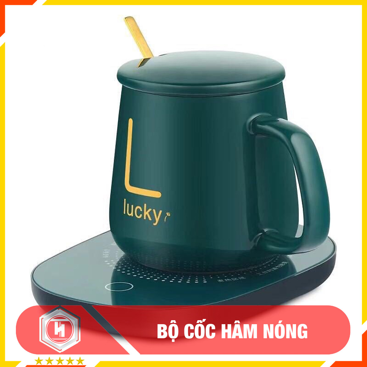 Bộ cốc hâm nóng đồ uống - HT SYS - Hâm nóng cafe, sữa, cháo... Chất liệu gốm sứ - Màu Xanh - Họa tiết chữ giao ngẫu nhiên