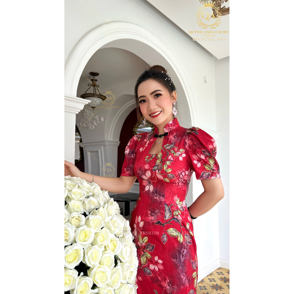 Sườn Xám Cổ Tàu Trung Hoa Lụa Ánh Kim Tone Đỏ Sang Trọng Mia Dress