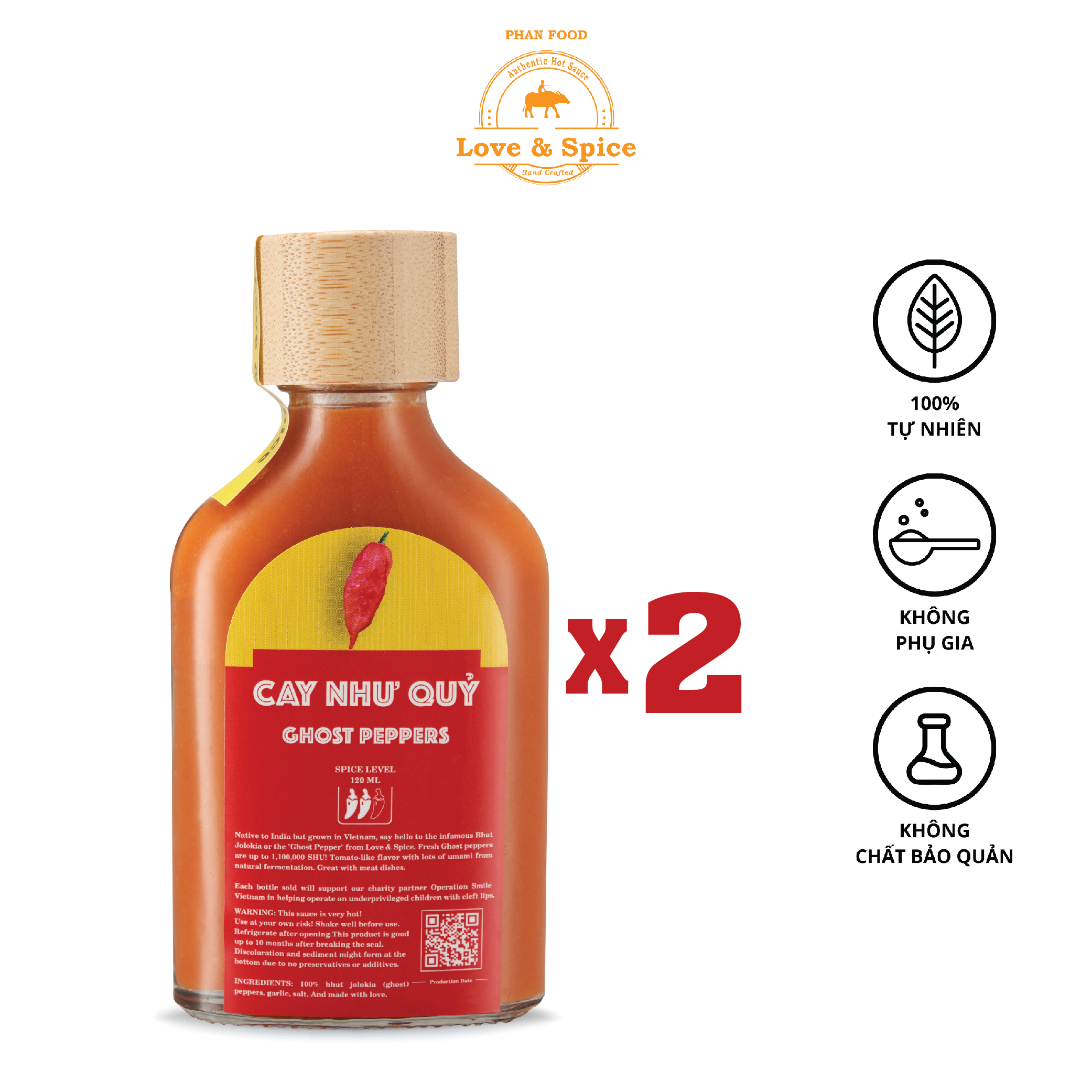 CAY NHƯ QUỶ - Combo 2 chai tương ớt siêu cay Love & Spice  lên men tự nhiên từ ớt Ghost Pepper chai 120ml x 2