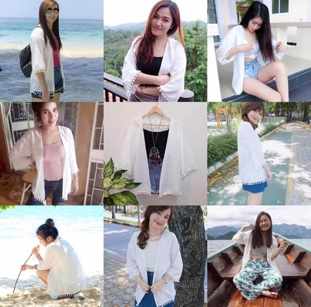 Áo khoác kimono tua bi voan mỏng đi biển