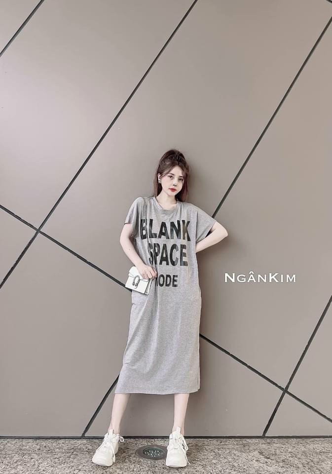 Váy suông - đầm suông nữ cộc tay in chữ blank phom rộng dáng dài