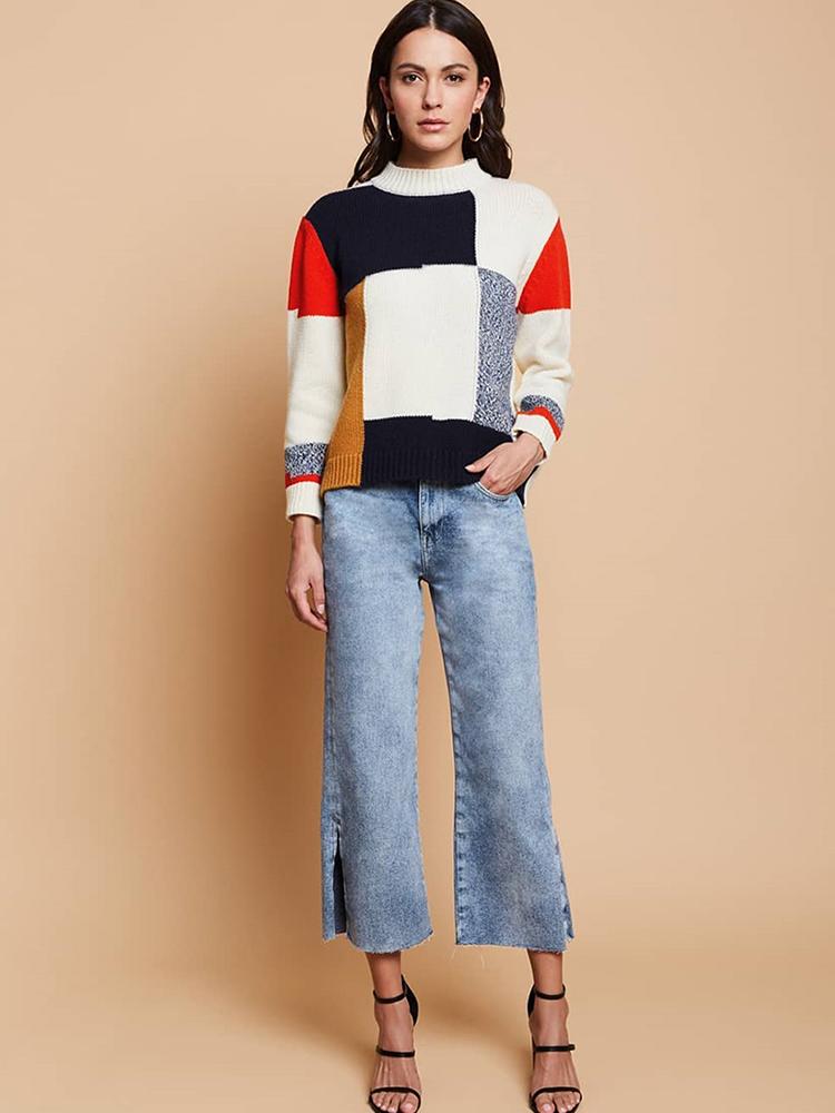 New Winter Women Knitted Sweater Top Multicolor Block O-Neck Long Sleeve Loose Casual Pullover Tee Shirt White