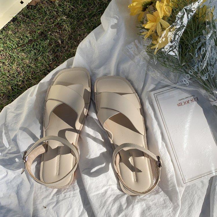 Fashion Square Open Toe One Line Buckle Flat Sandals for Women
