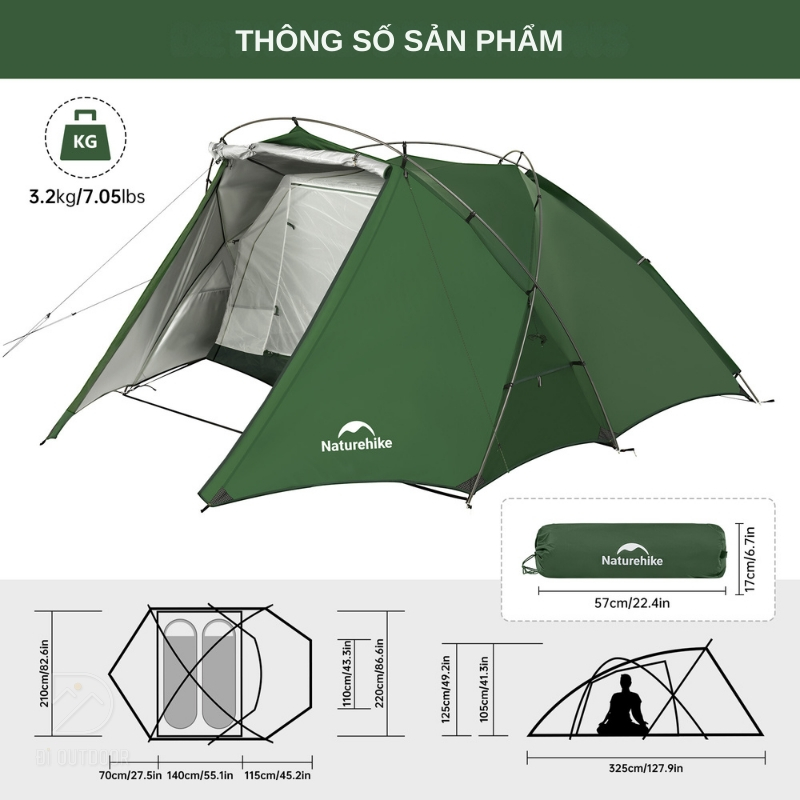 Lều Cắm Trại 2 Người Cao Cấp Naturehike Hillock6 CNK2300ZP040