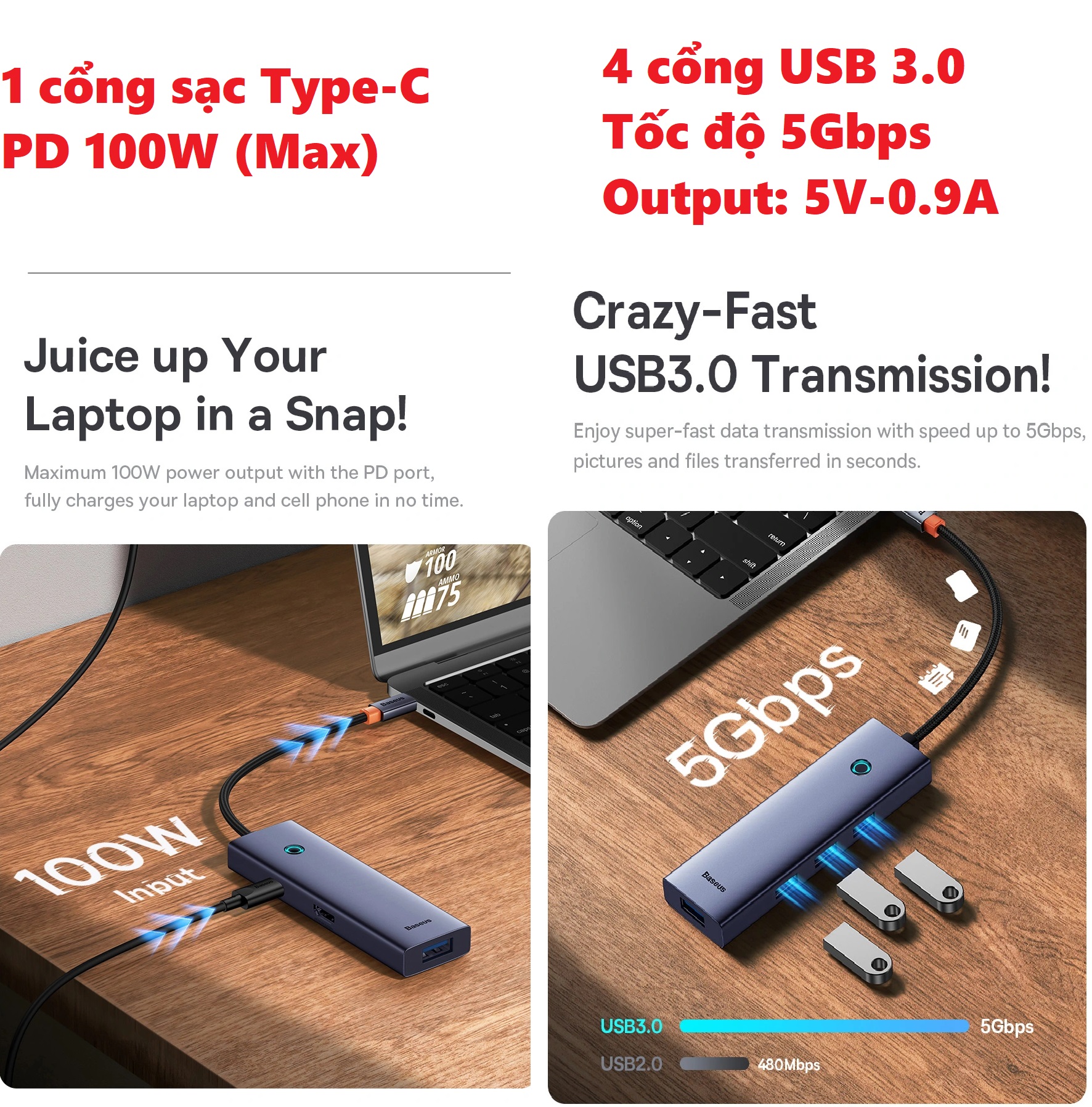 Hub đa năng mở rộng cổng p type C Macbook laptop ra 6 cổng Baseus Clarity docking station BSOH118_ Hàng chính hãng