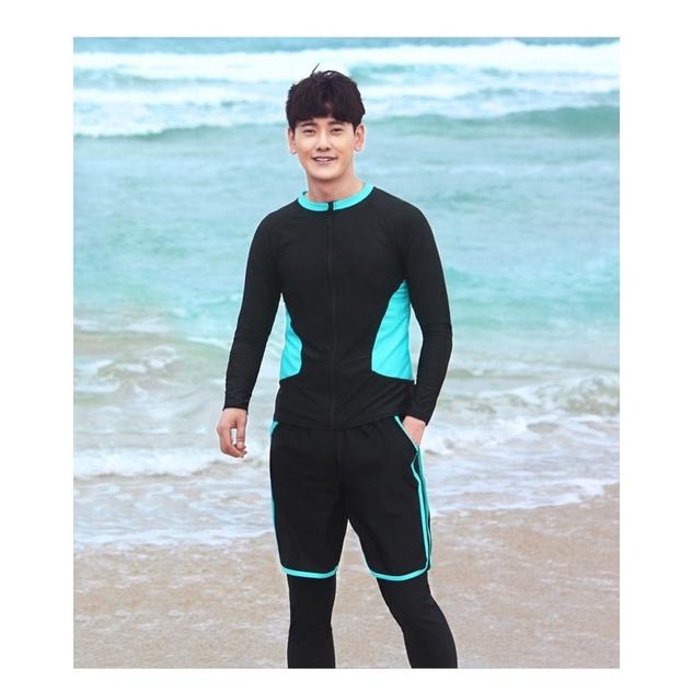 Bộ đồ bơi đôi dài tay nam nữ khoá kéo đen lườn xanh 5 mảnh siêu xịn