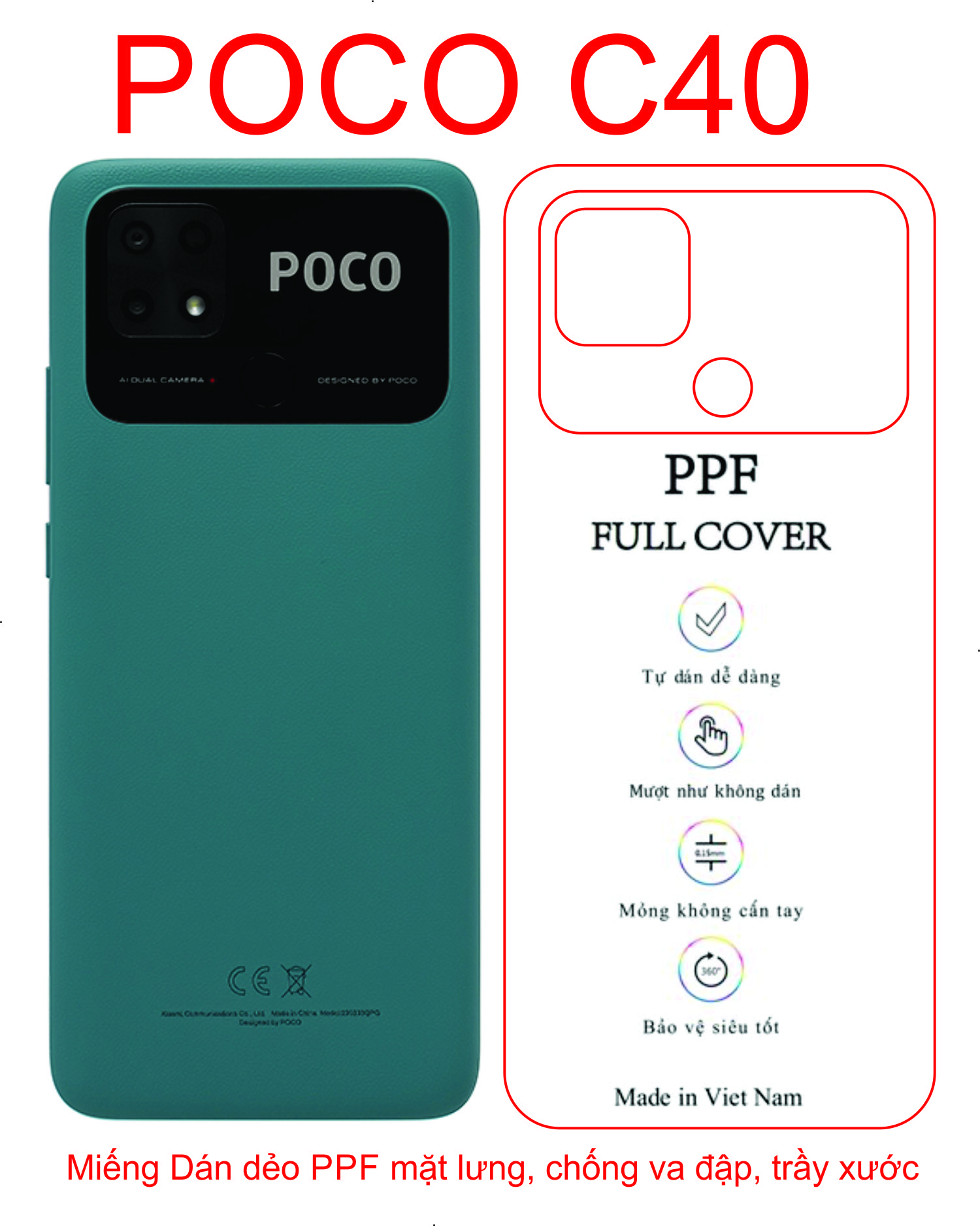 Dán Dẻo PPF mặt lưng dành cho POCO C40 bảo vệ máy tránh va đập trầy xước