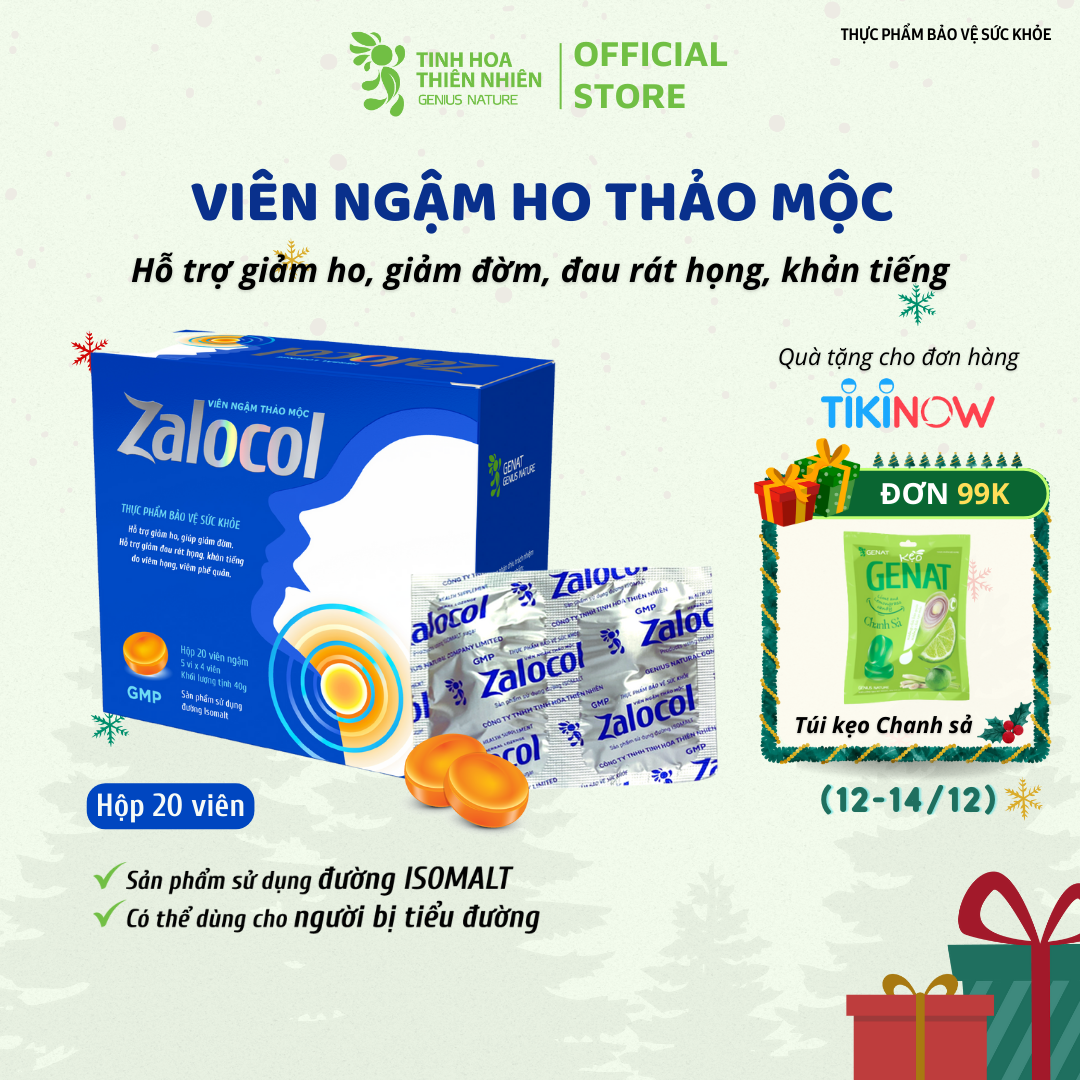 Viên ngậm ho thảo mộc Zalocol  Hỗ trợ giảm đờm, đau rát họng, khản tiếng (Hộp 20 viên) - Genat - Giao 2H HCM