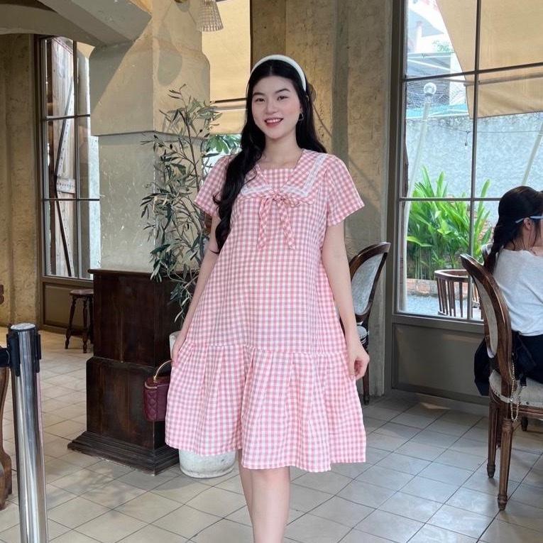 Đầm bầu đuôi cá cổ thuỷ thủ phối viền ren chất Cotton Hàn Váy bầu năng động - Hồng
